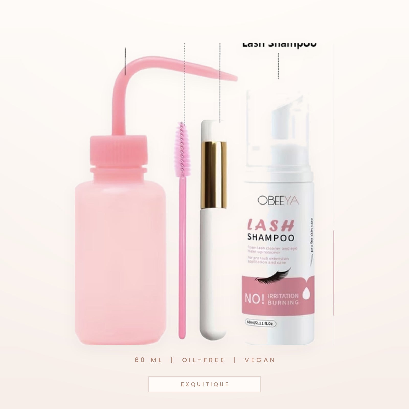 Foaming lash shampoo with rinse bottle, cleansing brush and mascara wand