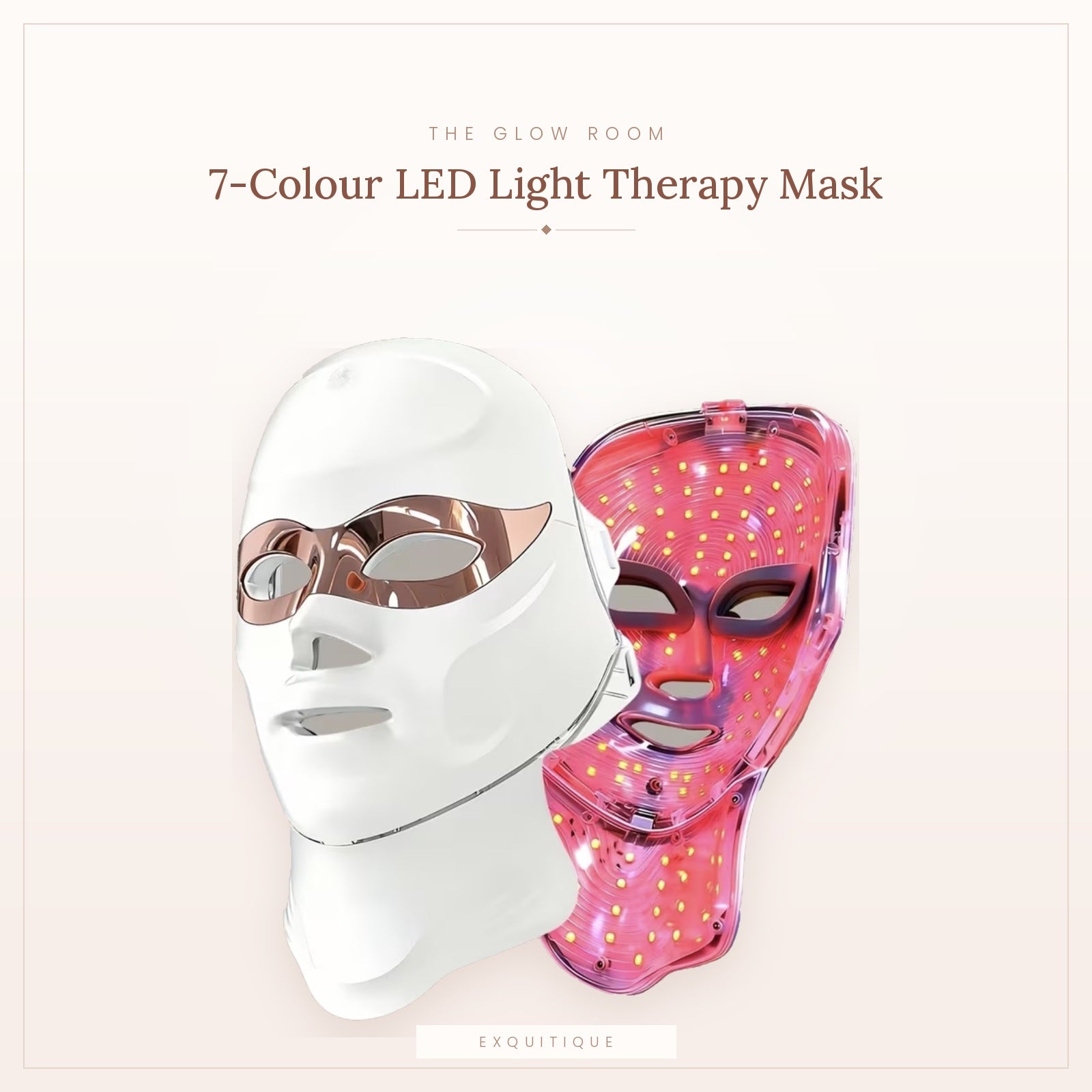 Exquitique 7-colour LED light therapy mask for face and neck, shown lit and unlit