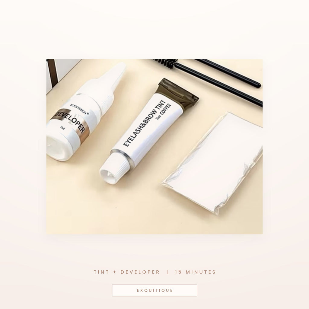 Two-part lash and brow tint kit with tint tube, developer and applicators
