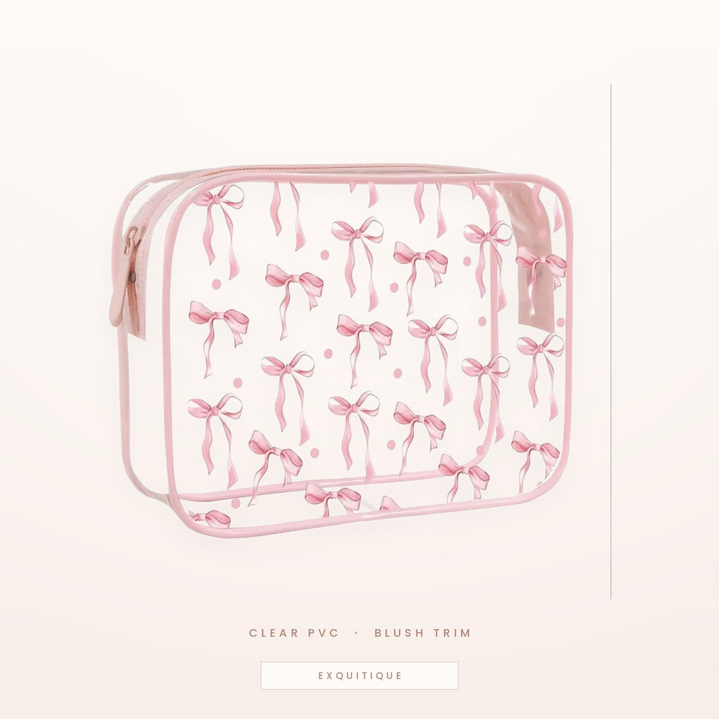 Clear PVC cosmetic pouch printed with pink ribbon bows and blush trim