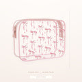 Clear PVC cosmetic pouch printed with pink ribbon bows and blush trim