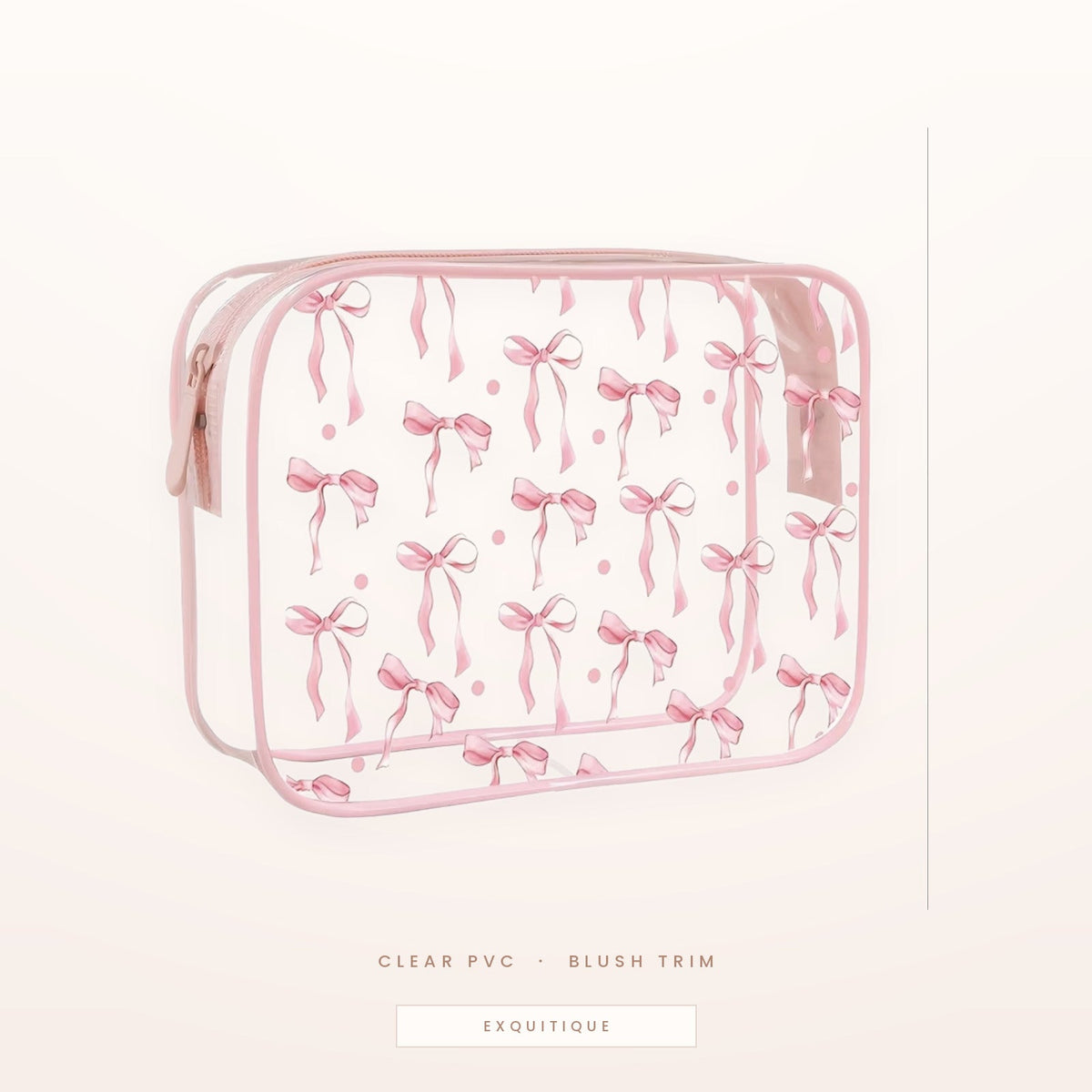 Clear PVC cosmetic pouch printed with pink ribbon bows and blush trim