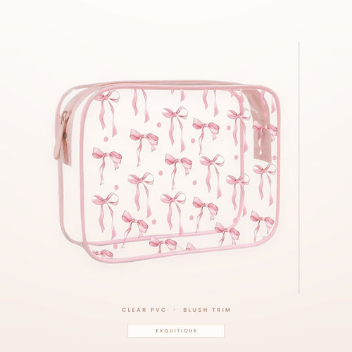 Clear PVC cosmetic pouch printed with pink ribbon bows and blush trim