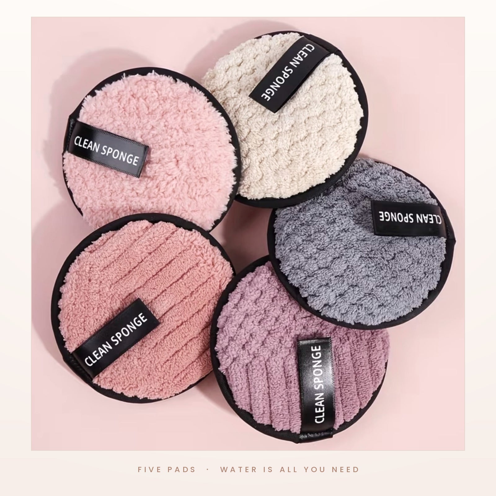 Reusable double-sided microfibre makeup remover pads in five colours