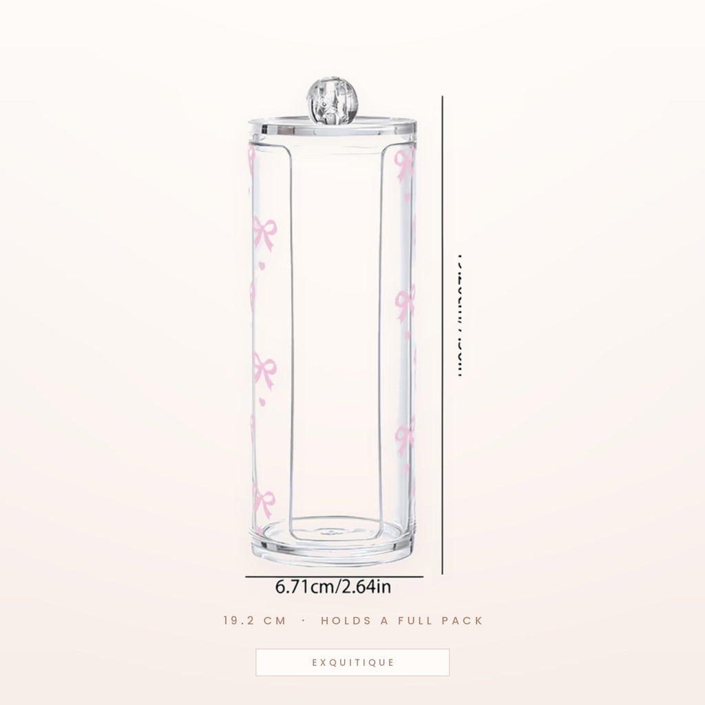 Clear acrylic cotton pad dispenser jar printed with pink bows