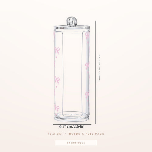 Clear acrylic cotton pad dispenser jar printed with pink bows