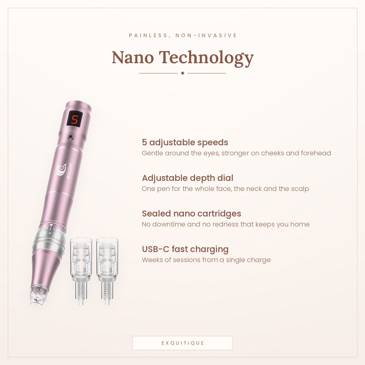 Five adjustable speeds, depth dial, sealed nano cartridges and USB-C charging