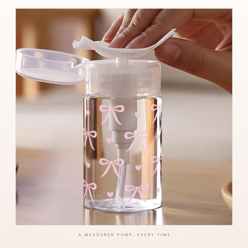 Pressing a cotton pad onto the dispenser for a measured amount