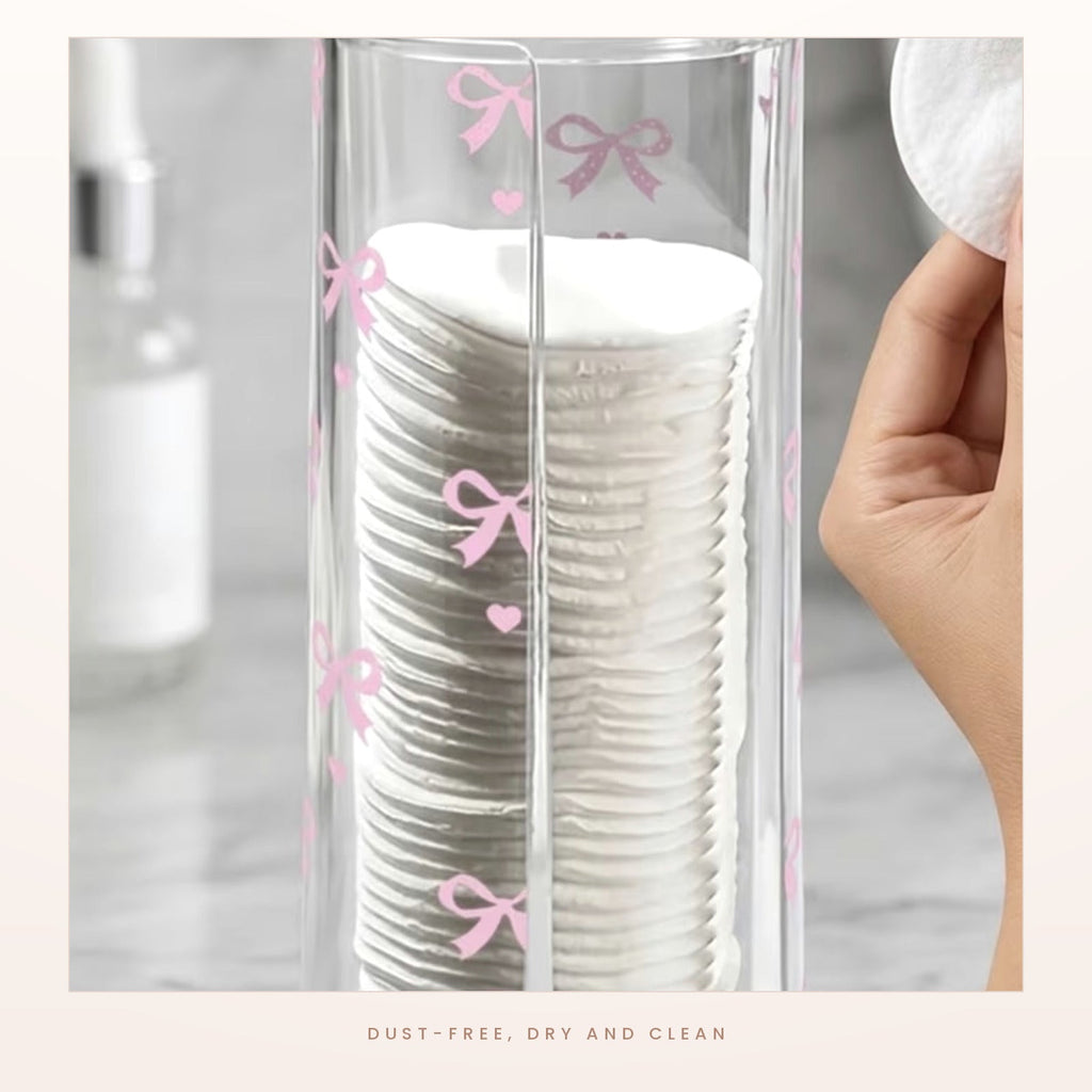 The jar on a bathroom counter, keeping pads clean and dry