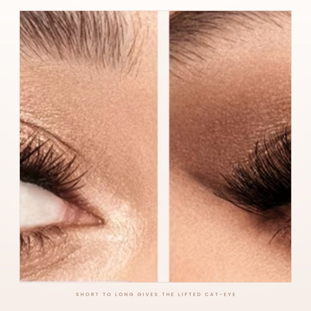 Lashes before and after, showing the lifted cat-eye shape