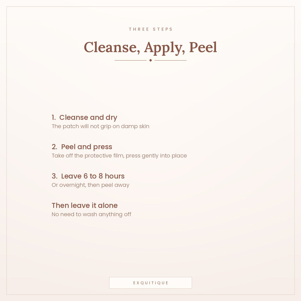 Three steps - cleanse and dry, apply the patch, peel off after 6 to 8 hours