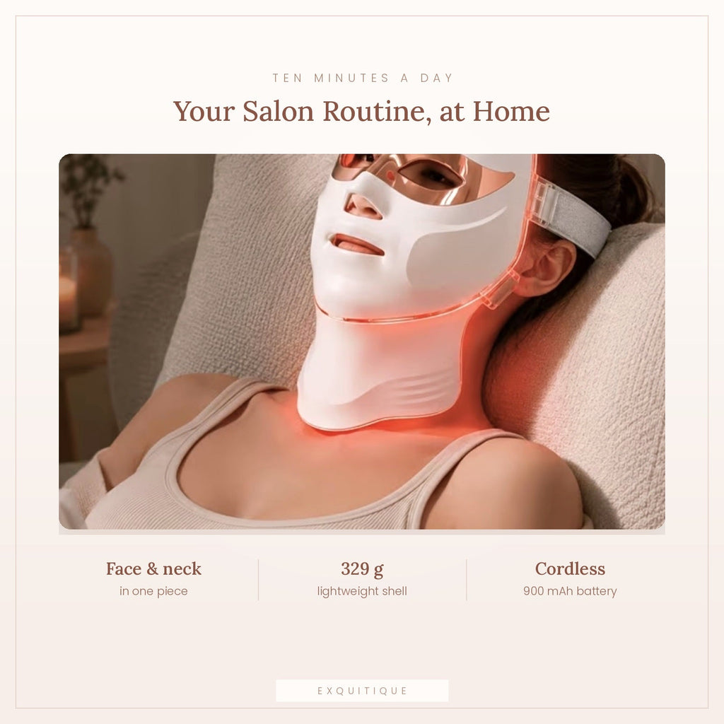 Woman relaxing in a chair wearing the LED face and neck mask