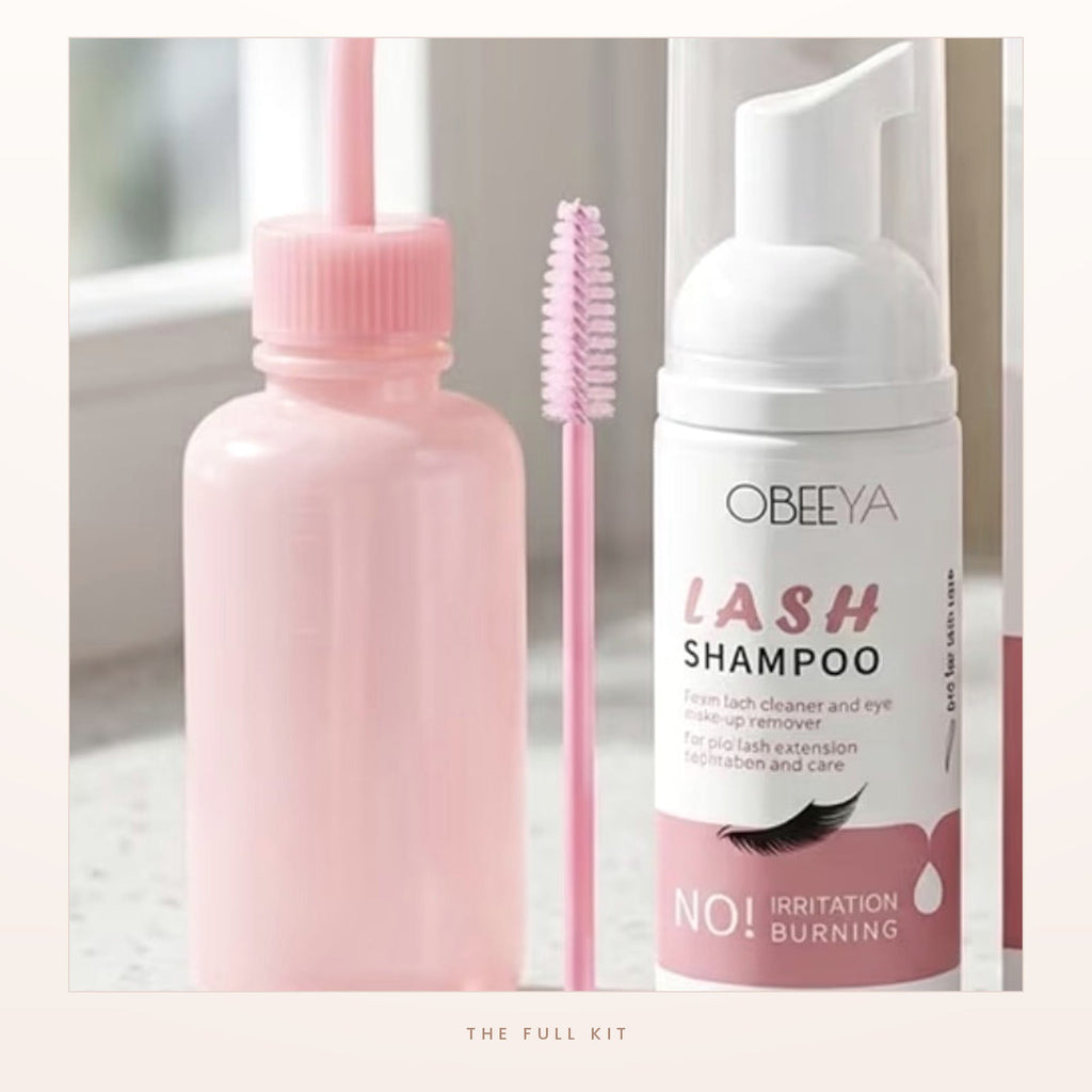 The complete lash cleansing kit on a bathroom counter