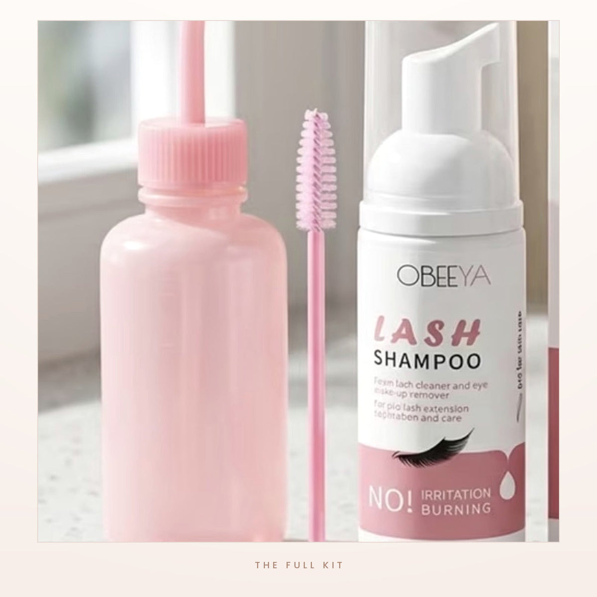 The complete lash cleansing kit on a bathroom counter