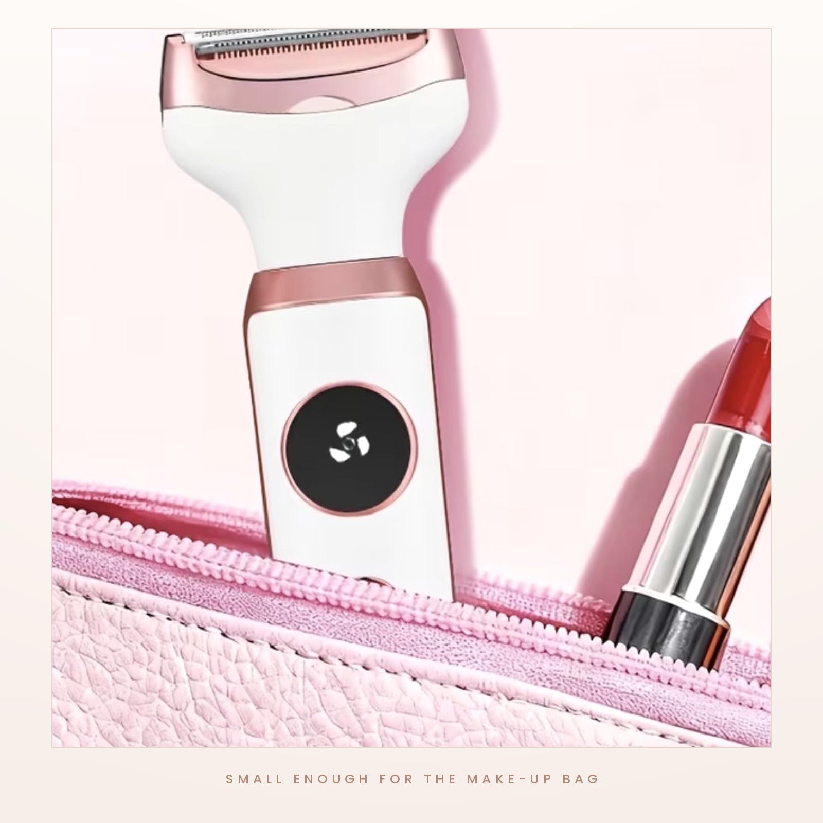 The trimmer beside a lipstick in a make-up bag