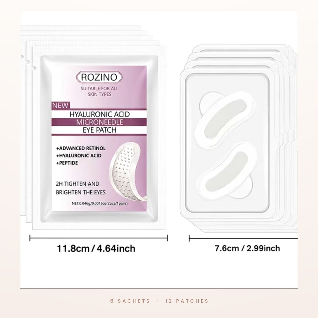 Six sealed sachets containing twelve patches, with dimensions