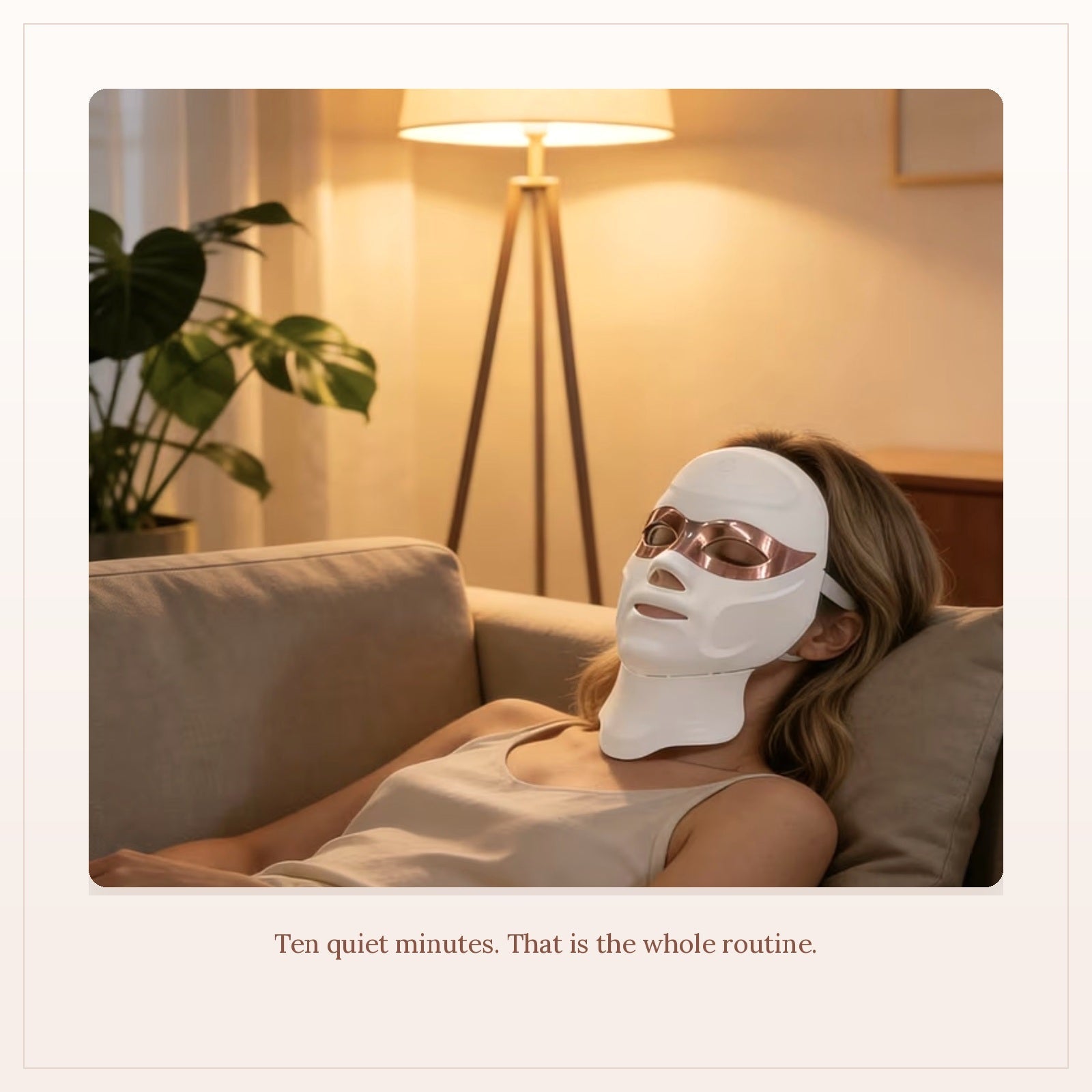 Evening at-home LED light therapy session on the sofa